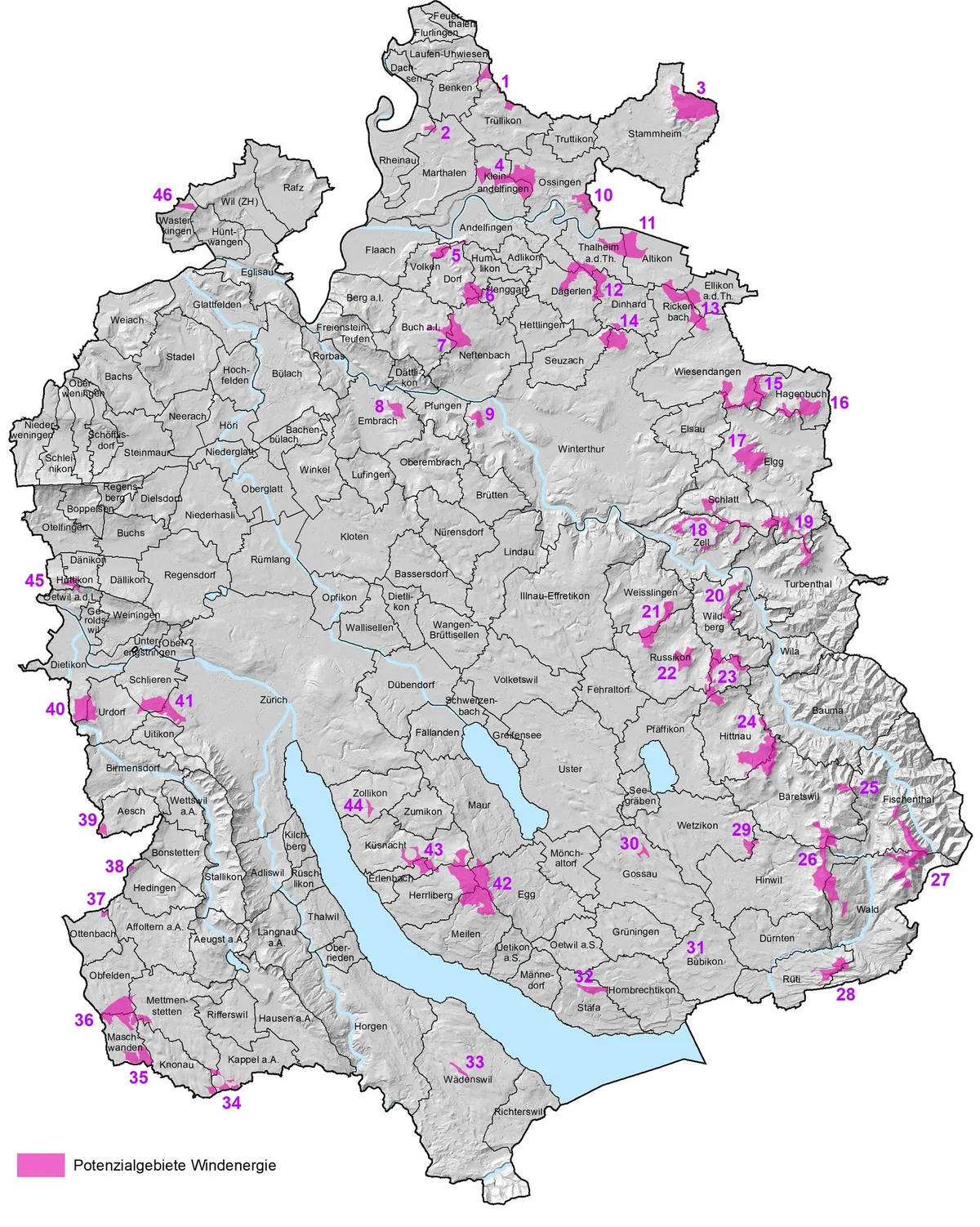 An diesen Standorten könnten im Kanton Zürich Windräder entstehen. Auf der Karte sieht man die potenziellen Gebiete für Windenergie.